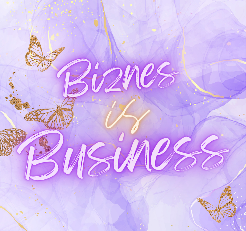 Biznez is Business with Purple and Gold butterflies in background 
